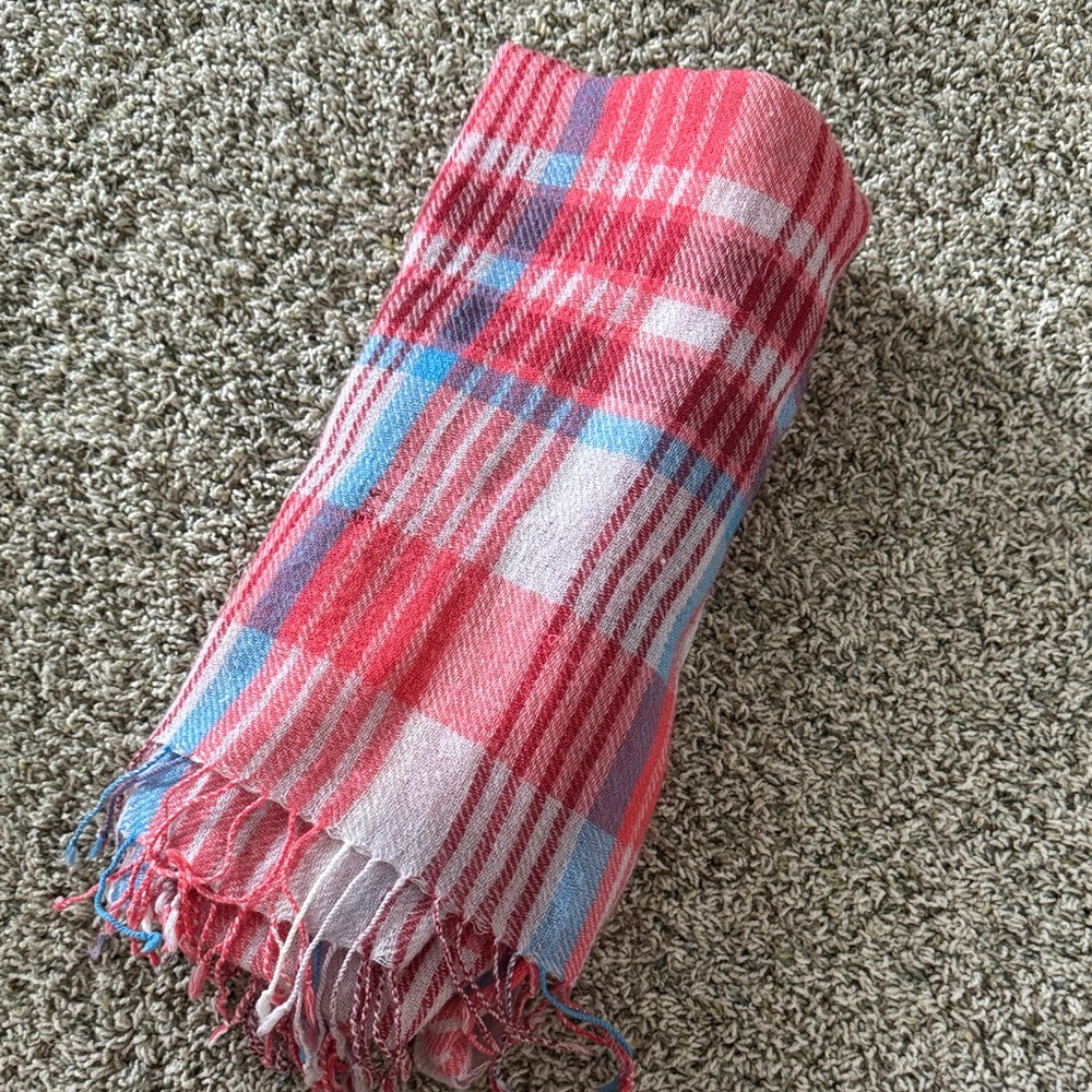 American Eagle Plaid Pink and Blue Scarf with fringe